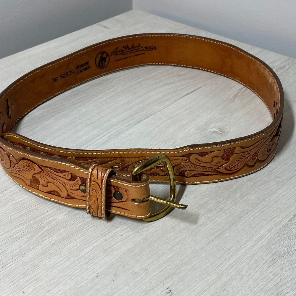 Larry Mahan Men Tan Leather Tooled Western Belt 36 Vintage Cowboy Country USA